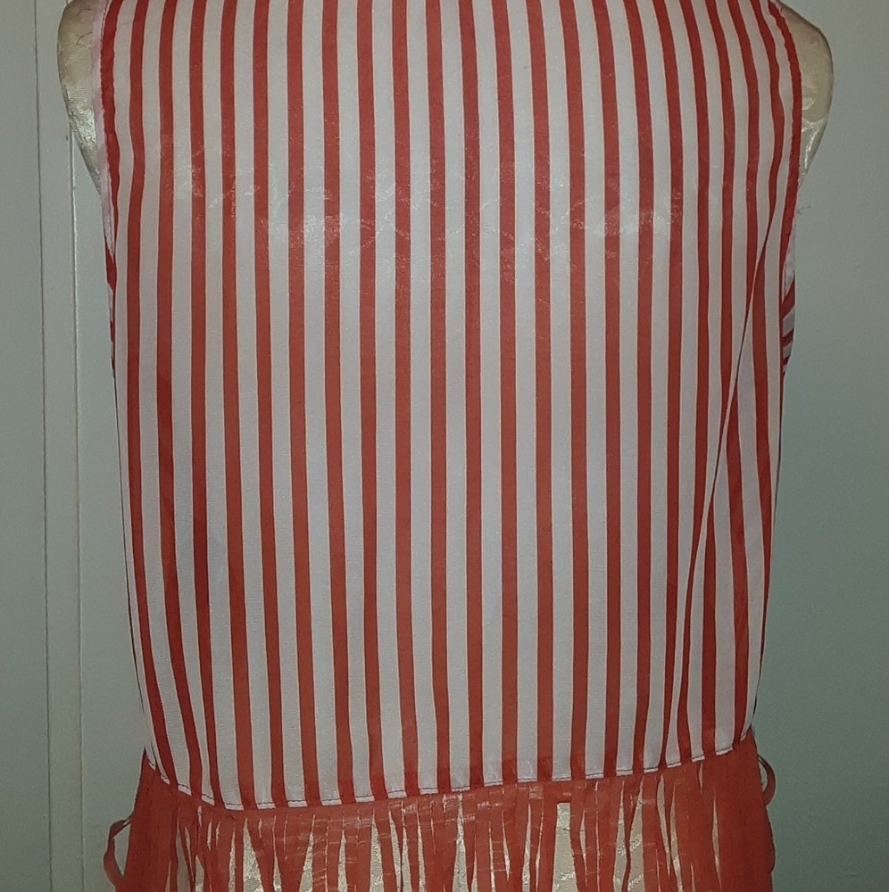 Derotchild Coral and White Striped Fringe Shirt - Picture 2 of 2